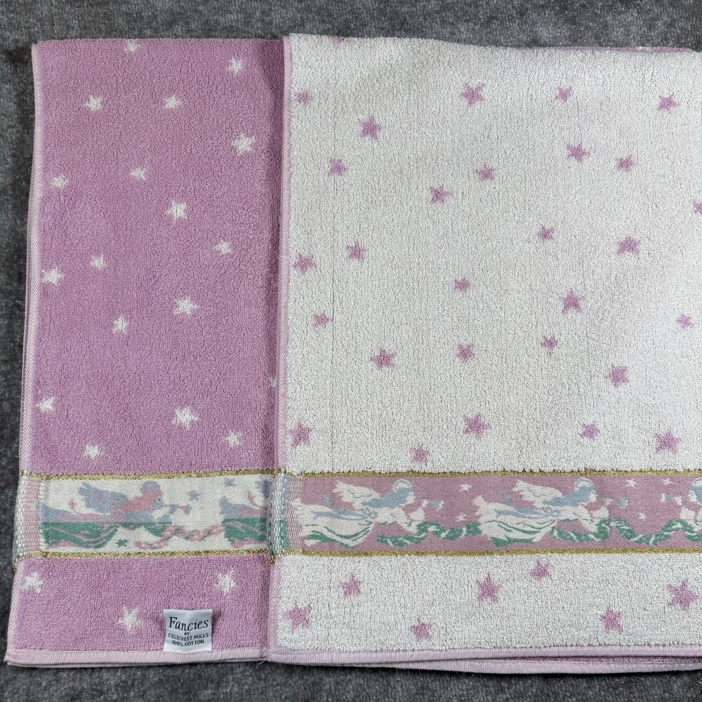2 - Francies Bath Towels Fieldcrest Mills Pink White Angels Trumpets Stars